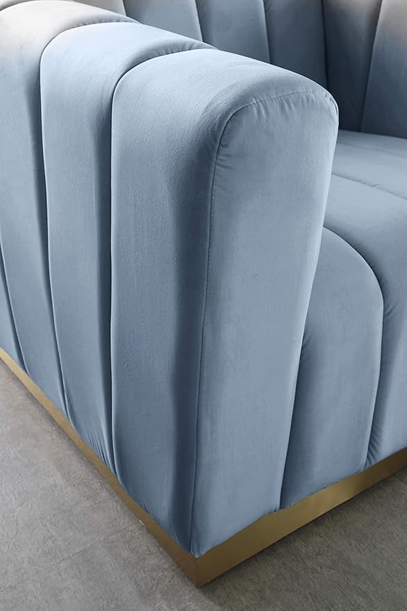 Meridian Furniture 603SkyBlu-S Marlon Collection Modern | Contemporary Velvet Upholstered Sofa with Deep Channlel Tufting and Brushed Gold Finish, Sky Blue, 86.5" W x 34" D x 28" H