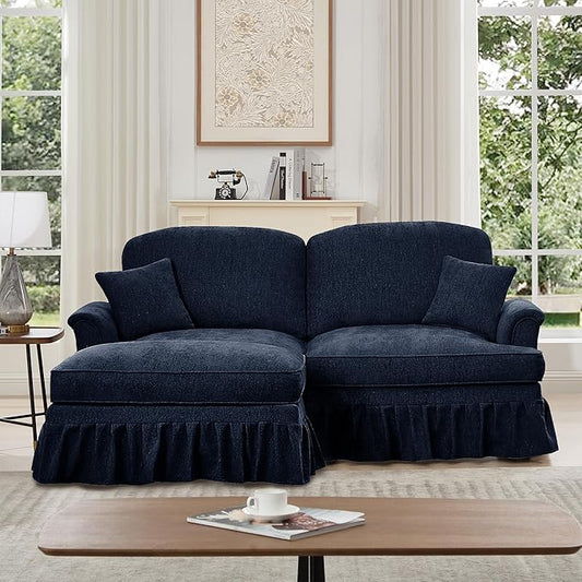 KEIKI Mid Century Modular Sofa with Flared Arms and Skirted Design, 76" Loveseat with Ottoman Chenille L-Shaped Sectional Couches for Living Room, Small Home Soft Chaise Lounge Indoor, Blue