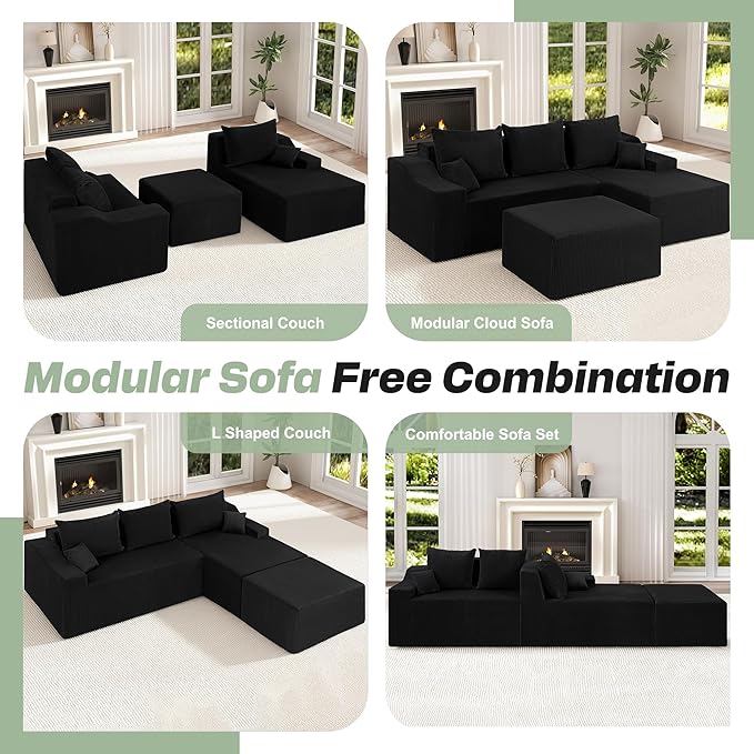 HABUTWAY U Shaped Modular Sectional Couch for Living Room, Modular Cloud Sofa with Ottoman, No Assembly Boneless Couches with Deep Seat, Corduroy Fabric (Black, Right Facing)