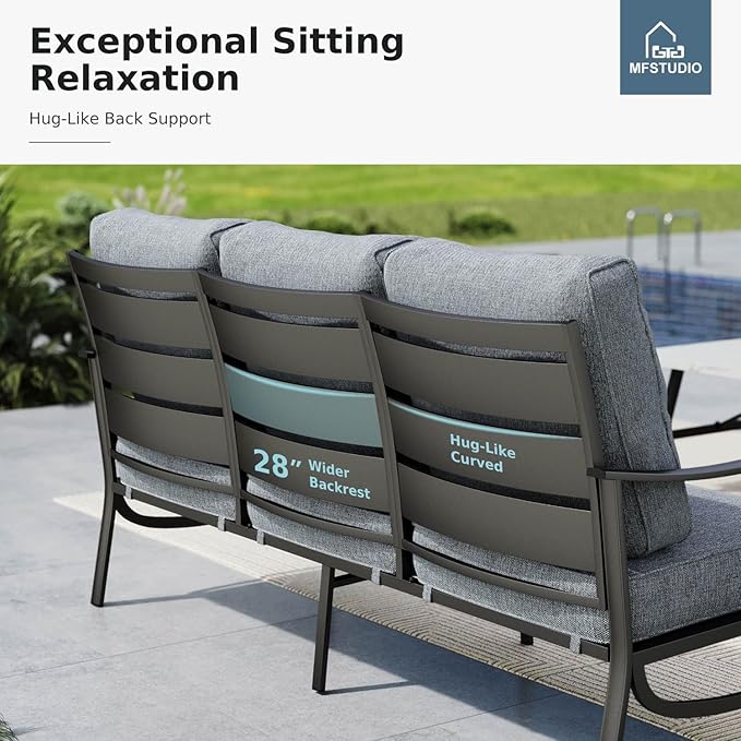 MFSTUDIO 6 Pieces Metal Patio Furniture Sets, 2 Swivel Chairs, 3-Seat Loveseat Sofa, 2 Patio Chairs & 1 Marbling Coffee Table, All Weather 7 Seats Outdoor Conversation Set for Garden Backyard, Grey