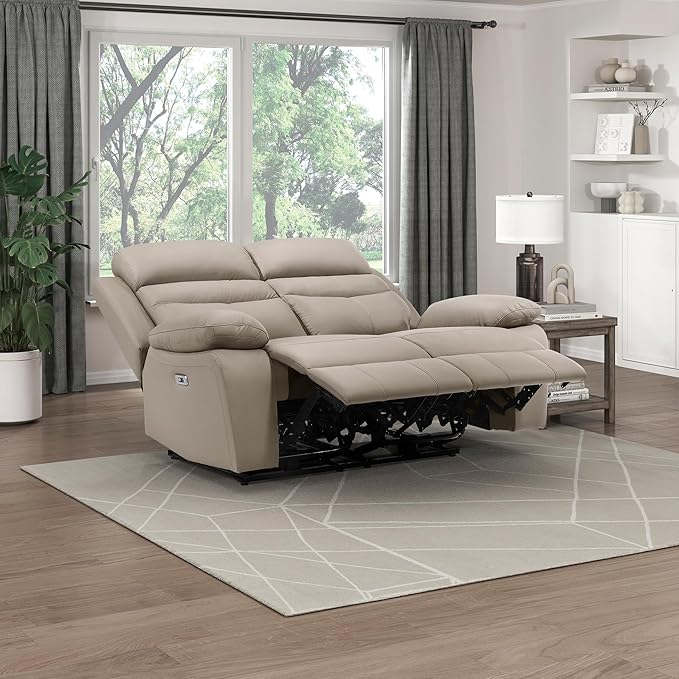 Lexicon Recliner Sofa for Living Room, Double Reclining RV Couch, Power Wall Hugger Recliner Home Theater Seating Leather Match Reclining Sofa, with USB Charge Port, 64''W Loveseat, Latte