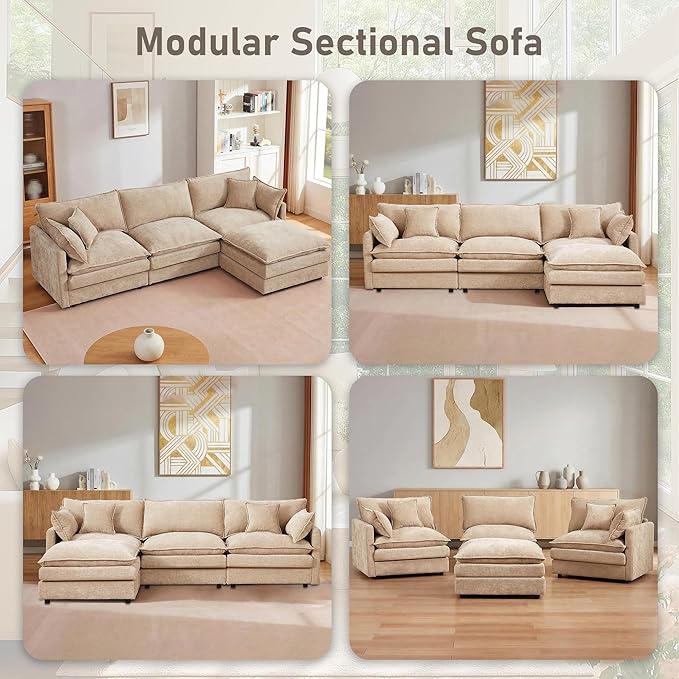 102" Cloud Couch Sectional, Modular Sectional Sofa with Chaise & 4 Removable Washable Pillows, Oversized L-Shaped Couch for Living Room, Modern 3-Seat Cloud Sofa Sectional with Deep Seat, Coffee