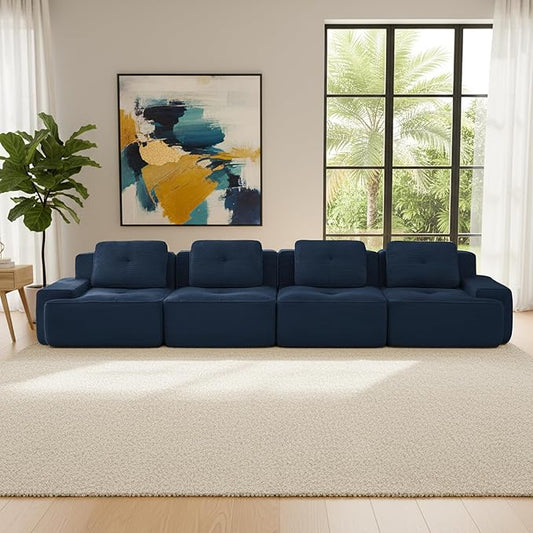 Casaphoria 150'' Blue Corduroy Cloud Couch, 4-Seater Boneless Sectional Sofa with 4 Pillows for Living Room, Deep Seat Sofa, No Assembly Required