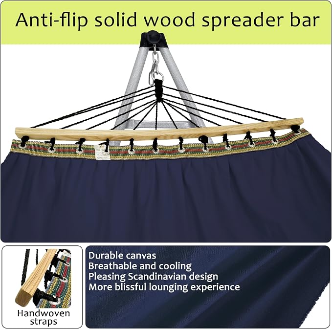 Tranquillo Ultimate Relaxation Portable Hammock Stand, Foldable Hammock Stand with Canvas Hammock, Spreader Bar, Quick Fold Unfold in 30 Seconds Steel Frame Hammock 600 lbs Capacity, White/Navy - Image 7