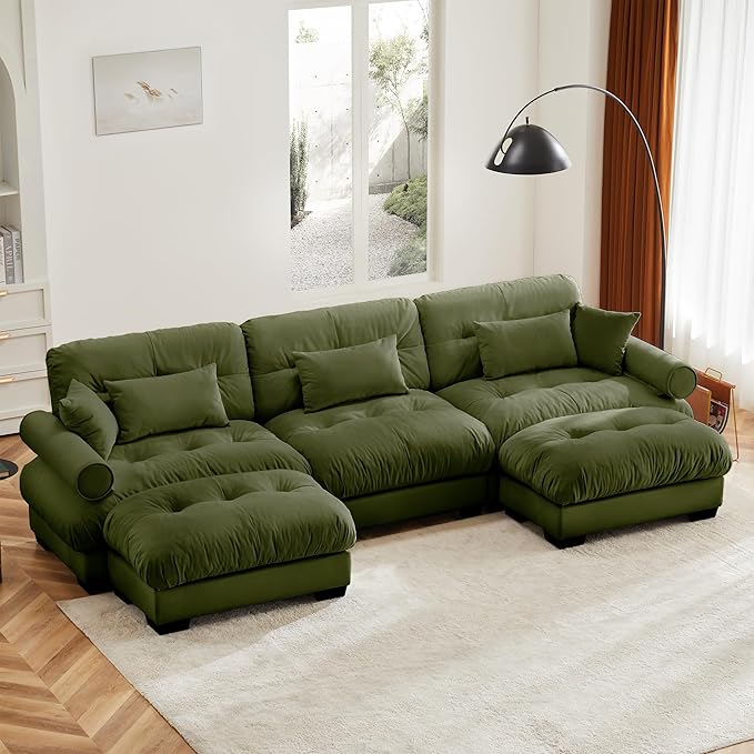 KEIKI 130" U-Shaped Oversized Velvet Modular Sectional Sofa with 2 Ottoman, High-Density Foam Cushions and Bolstered Armrests, Upholstered 3-Seater Cloud Couch with 5 Pillow, for Living Room, Green