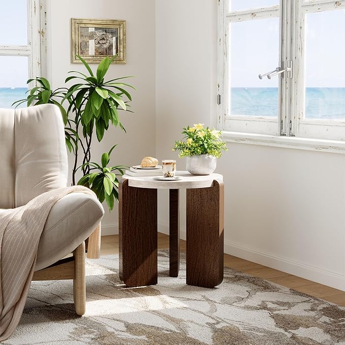 COSIEST Modern Round Coffee Table & 2 Side Tables Set, Faux Marble Wood Top, Walnut & Cream White Legs, Minimalist Living Room Center & Accent Tables(3 PCS)
