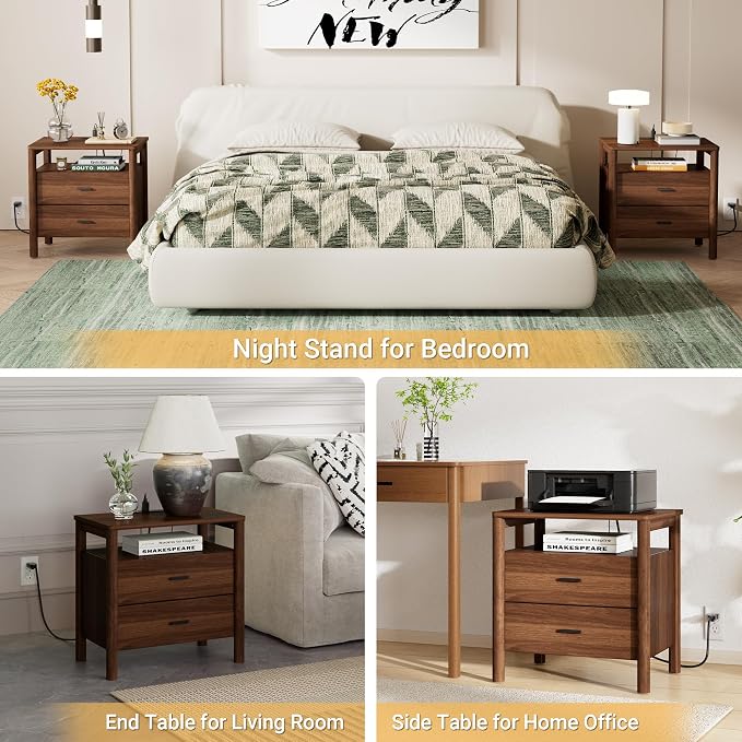 Night Stand Set 2, 23" Wide Nightstands Set of 2, Walnut Nightstand with Charging Station, 2 Drawer Wooden End Table with Solid Round Post Legs & Open Shelf,Modern Bedside Table for Bedroom - Image 5