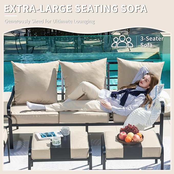 5 Piece Patio Furniture Set, Metal Patio Conversation Set with 1x3 Seater Sofa & 2xFixed Chairs & 2xOttomans, 5.75'' Extra Thick Cushion for Lawn Garden Backyard, Beige