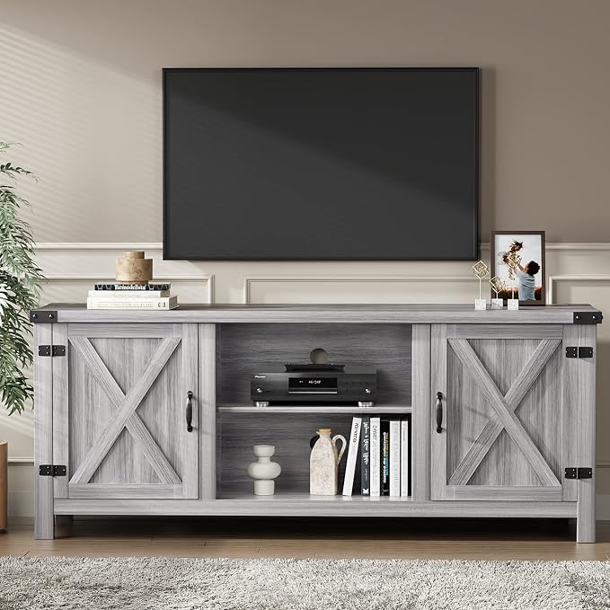 YESHOMY Modern Farmhouse TV Stand with Two Barn Doors and Storage Cabinets for Televisions up to 65+ Inch, Entertainment Center Console Table, Media Furniture for Living Room, 58 Inch, Gray Wash - Image 2