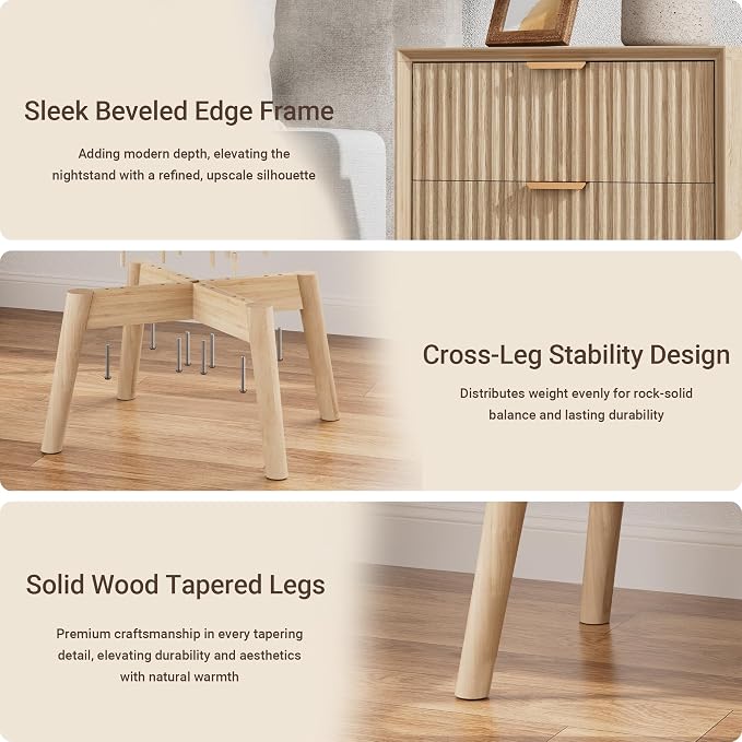 Fluted Nightstands Set of 2 with Charging Station and Solid Wood Legs, 18" Beveled Edges Night Stand, 2 Drawer Wood End Table w/Metal Handle, Modern Bedside Table for Bedroom, Natural Oak - Image 3
