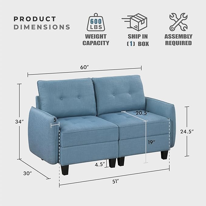 Lexicon Modern Loveseat with Hidden Storage, Textured Fabric Modular Love Seat with Button-Tufted Design, Reversible Back Cushion for Living Room/Bedroom/Office, Blue