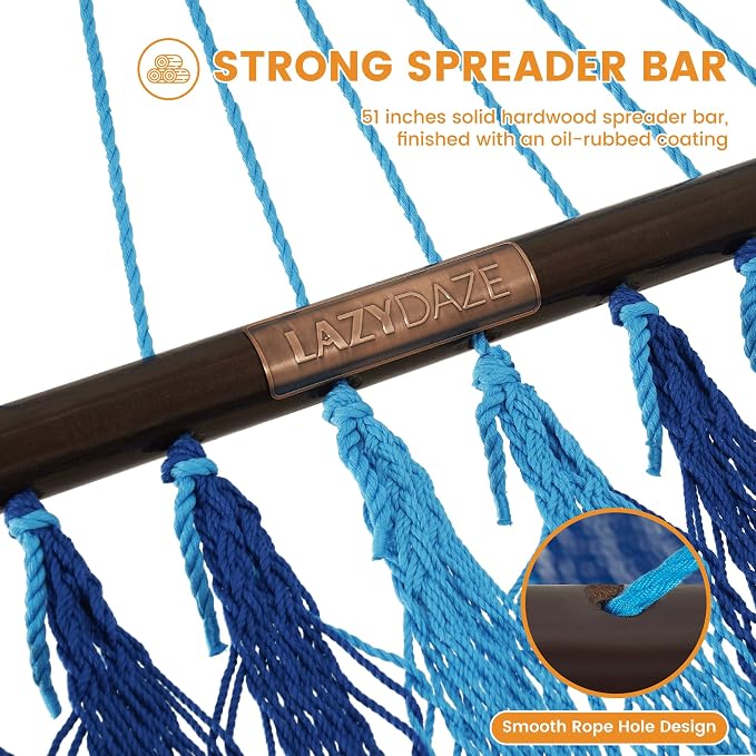 Lazy Daze Hammocks 10.5 FT Double 2 Person Caribbean Rope Hammock, Hand Woven Polyester Hammock with Spreader Bars, for Outside Outdoor Backyard Patio Poolside, 450 LBS Capacity, Blue/SkyBlue - Image 5