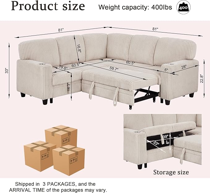 KEIKI 81" L-Shaped Oversized Corduroy Modular Sectional Sleeper Sofa with Pull-Out Bed, Storage Seat, Modern 5-Seater Upholstered Couch Bed with Charging Station, Easy Assembly, for Living Room, Beige