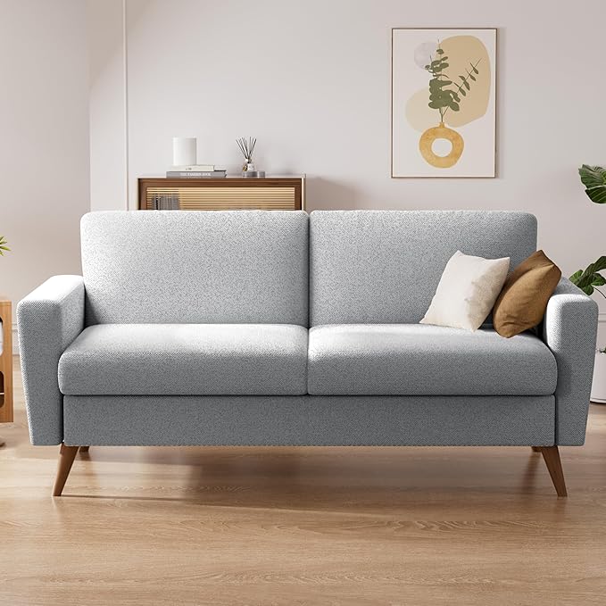 Vipbear 68" Loveseat Sofa Light Gray Fabric Couch, Mid-Century Modern Loveseat Comfy Sofa with Spring Cushion, Solid Wood Frame, Tool-Free Assembly (Light Gray, Fabric)