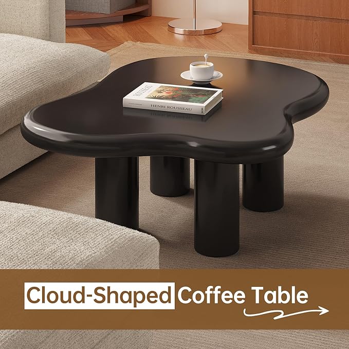 Guyii 35.43" Cloud Coffee Table, Black Coffee Table for Living Room, Cartoon Irregular Indoor Tea Table, Modern End Table with 4 Legs