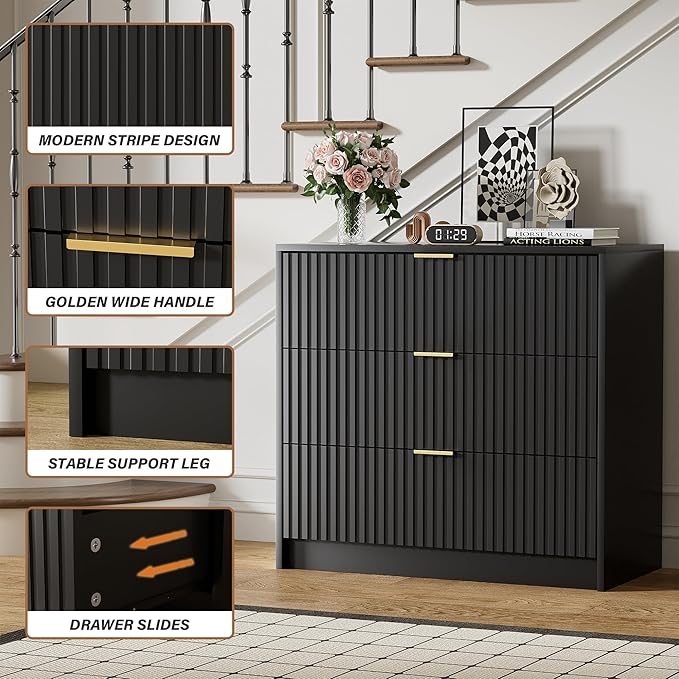 Furniway Black Dresser Bedroom Set 3 Pieces, Nightstands Sets of 2, 5 Drawer Dresser with Gold Handles for Bedroom