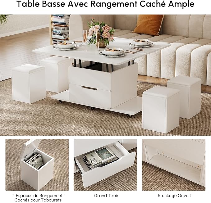 homary White Lift Top Coffee Table with Hidden Storage, 3 in 1 Multi-Function Modern Folding Center Table with 4 Stools and Casters