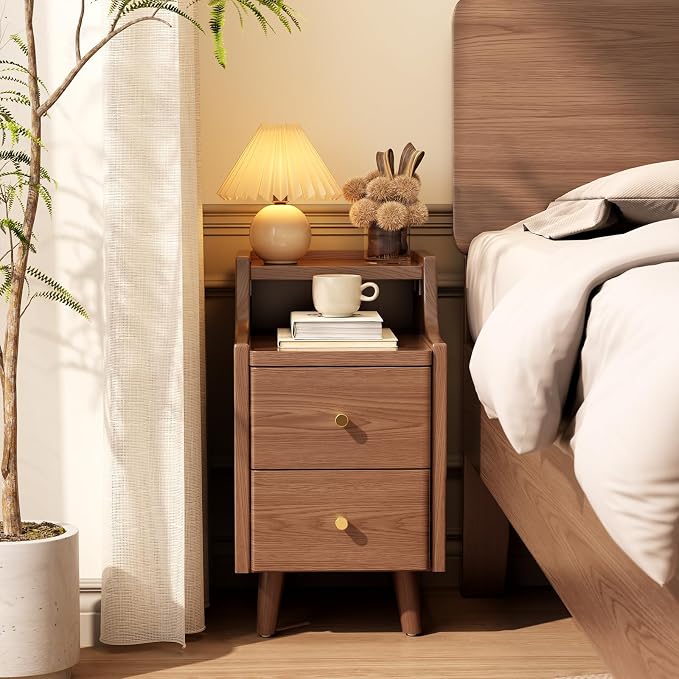 Narrow Nightstand with 2 Drawers,Walnut Nightstand,Bedside Table,Solid Wood Modern Bedside Table for Bedroom,Study,Toilet by AQIMUELE