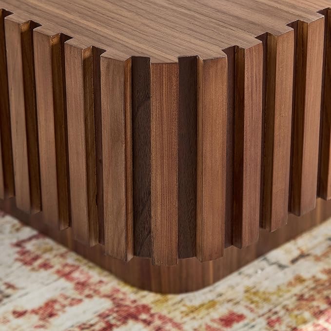 31.5" Square Coffee Table 2 Piece, Wooden Center Tea Table Accent End Table Set of 2 for Living Room Apartment, with Sturdy Curved Base & Solid Wood Fluted Side, Walnut
