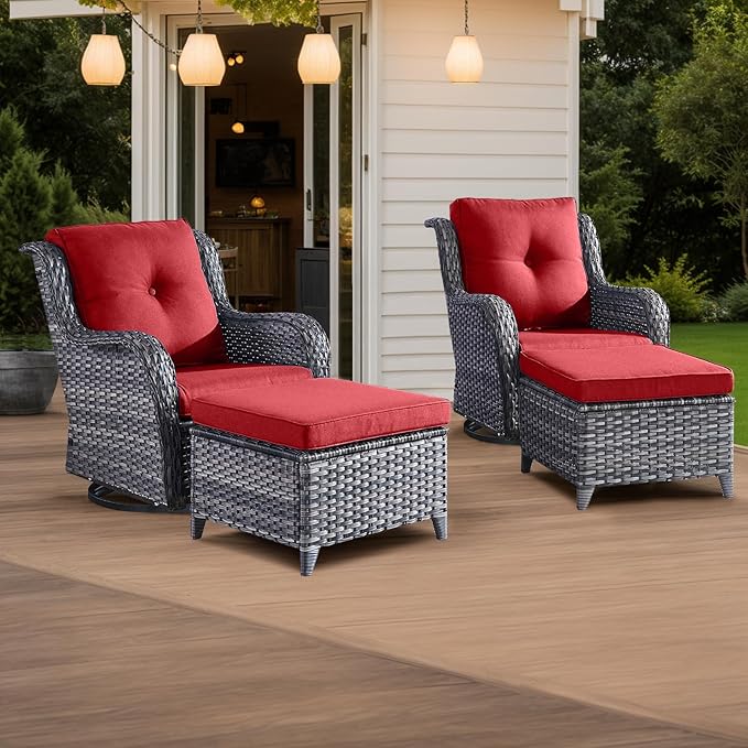 HUMMUH 4 Piece Outdoor Patio Furniture Set Wicker Conversation Bistro Set Swivel Rocker Chairs with 2pcs Ottomans for Backyard, Porch, Balcony