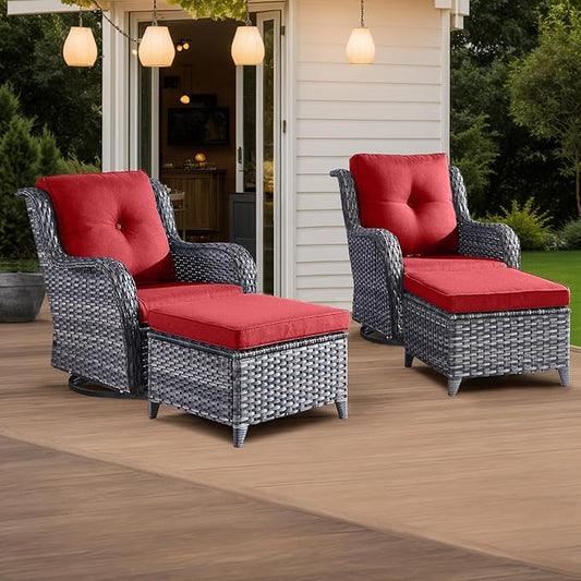 HUMMUH 4 Piece Outdoor Patio Furniture Set Wicker Conversation Bistro Set Swivel Rocker Chairs with 2pcs Ottomans for Backyard, Porch, Balcony