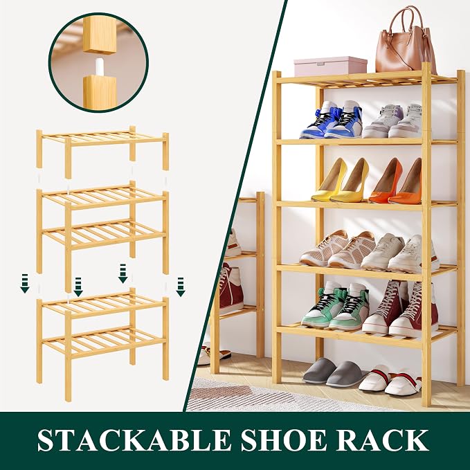 Smiry Shoe Rack, 4 Tier Small Bamboo Shoe Organizer, Stackable Free Standing Wooden Shoe Storage Shelf for Closet, Entryway, Front Door Entrance, Natural - Image 4