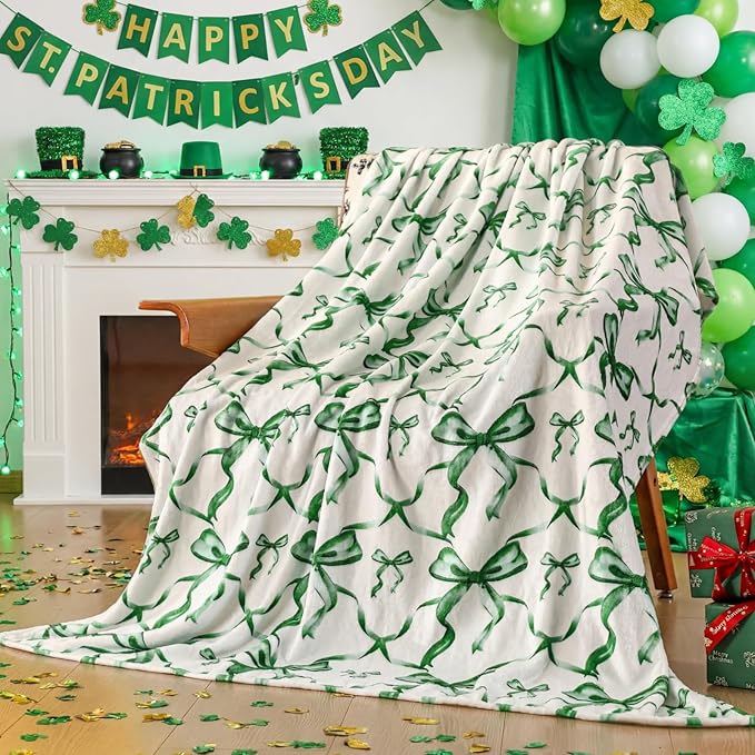 Buryeah Green Bow St. Patrick's Day Throw Blanket St. Patrick's Day Gifts Preppy Blanket Coquette 50" x 60" Flannel Soft Cute Bow Lightweight Aesthetic Room Decor for Women Friends for Sofa Couch Bed