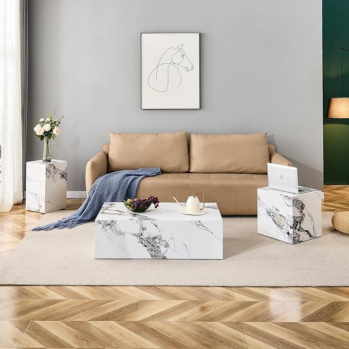 Modern Coffee Table Marble Grain,Rectangle Marble Faux Tea Table White,No Assembly