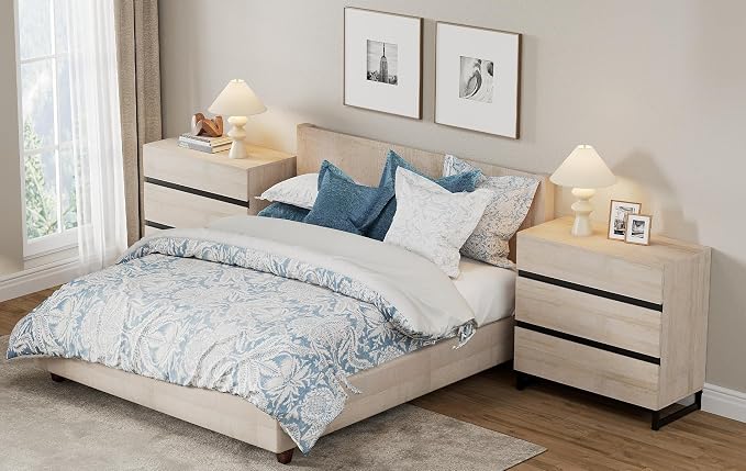 WAMPAT Nightstand with 3 Drawers for Bedroom, Modern Bedside Table with Black Square Metal Leg, Wood Rustic Side End Table, Beige, 2 Pcs - Image 9