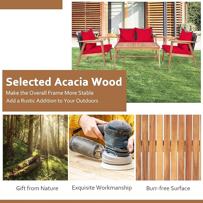 Tangkula 8-Piece Patio Furniture Set, Outdoor Acacia Wood Conversation Set with Cushions and Coffee Table, Outdoor PE Wicker Sectional Sofa Set for Garden, Poolside and Backyard (2, Red)