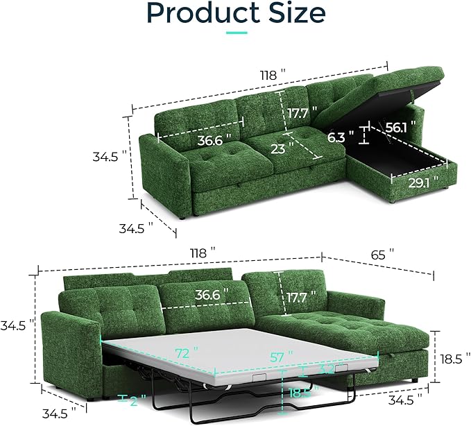 118" Oversized Sectional Sleeper Sofa with Pull Out Bed and Storage Chaise, Convertible Sofa Bed with Memory Foam Topper, Comfy L Shaped Modular Couches for Living Room Apartment Dorm Room, Green