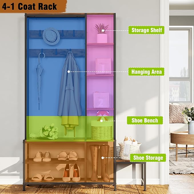 Espelism Hall Tree with Shoe Storage Bench Coat Rack with 7 Hooks Interchangeable 4 Tier Side Storage Shelves Small Cute Side Bench Industrial 5-in-1 Entryway Coat Rack for Hallway Mudroom Bedroom - Image 8