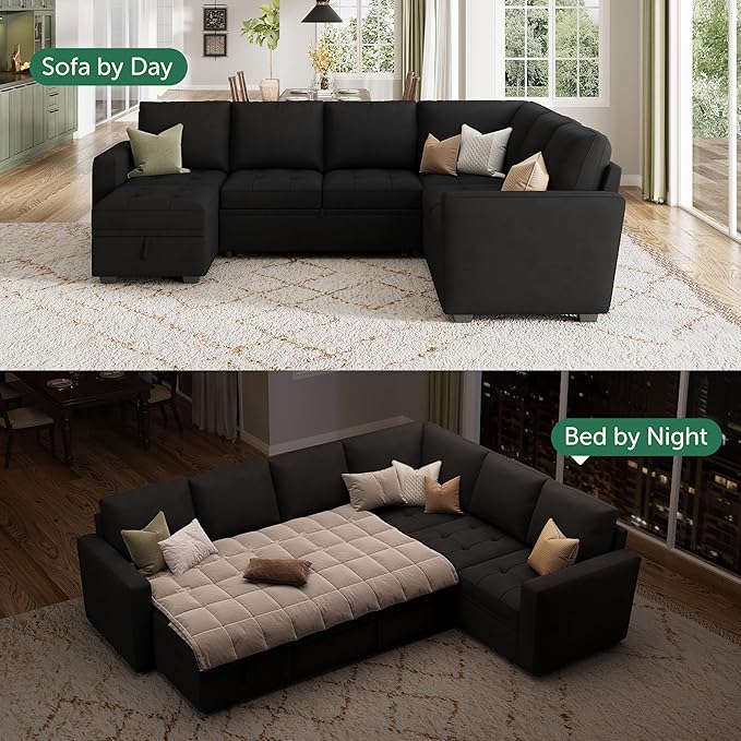 HONBAY Modular Sectional Couch with Pull Out Bed Sleeper Sofa with Storage U Shaped Modular Sectional Couches for Living Room,Velvet Black