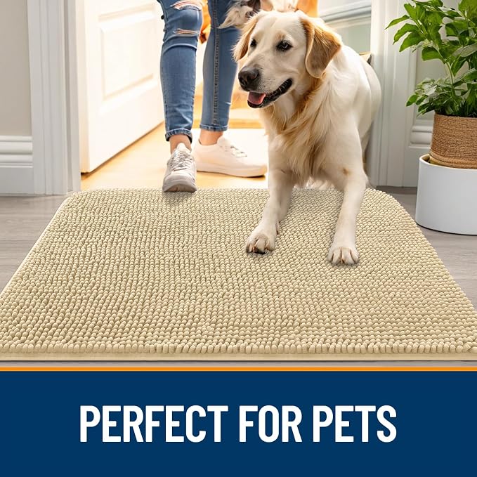 OLANLY Dog Door Mat for Muddy Paws 44x24, Absorbs Moisture and Dirt, Absorbent Non-Slip Washable Doormat, Quick Dry Chenille Mud Mat for Dogs, Entry Indoor Entryway Carpet for Inside Floor, Sand - Image 6