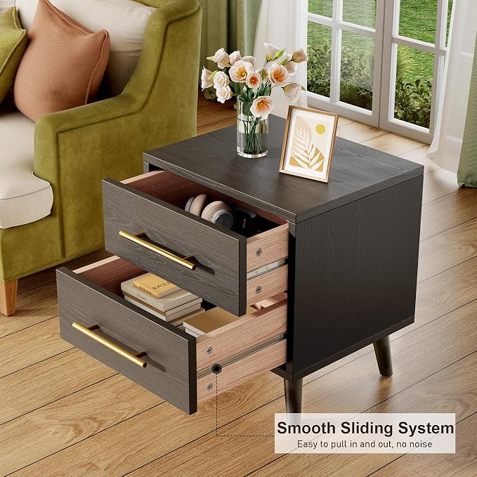Aiho Nightstand Set of 2, Bedside Table Set for Bedroom, Wood Nightstand with Metal Handles 2 Drawer Dresser, Black Nightstand - Image 4