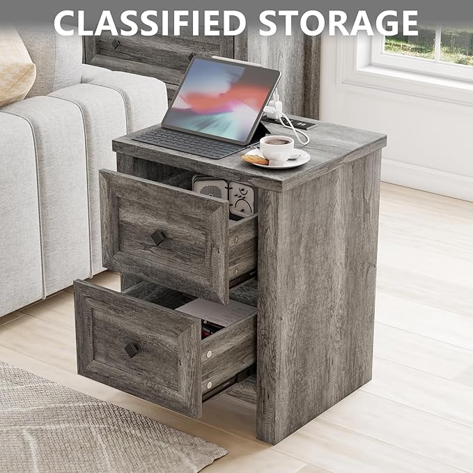 LUXOAK 3 Pieces Bedroom Sets, Includes King Size Lift Up Storage Platform Bed Frame, 2 Drawers Farmhouse Nightstand Set of 2 with Charging Station, No Box Spring Needed, Rustic Grey