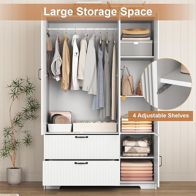 72'' Fluted Armoire Wardrobe Closet with Mirror Door and 2 Drawers,Tall Bedroom Armoire Wardrobe Cabinet with Hanging Rod,Wooden Bedroom Closet with 4 Adjustable Shelves (White)