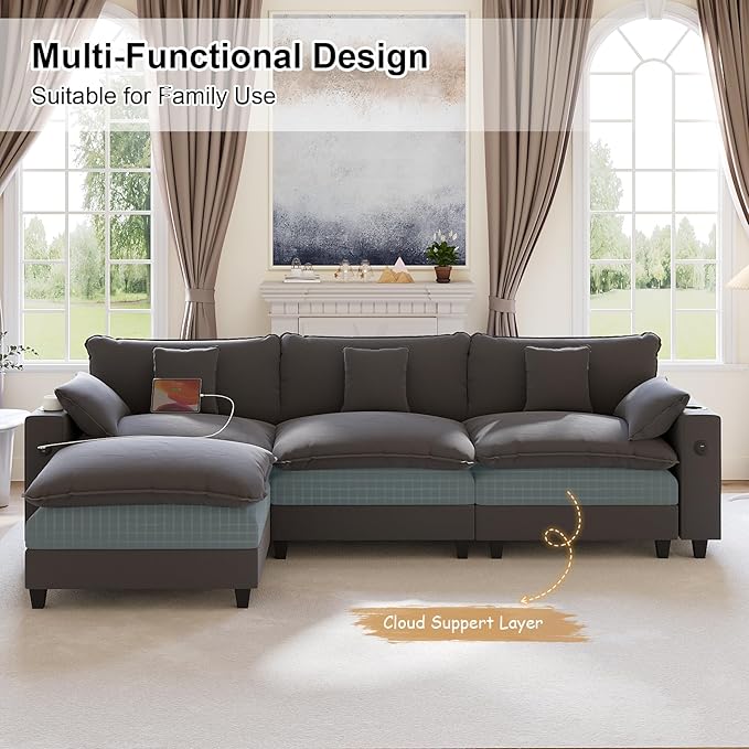 116" Modular Sectional Couch, L Shaped Cloud Couch with Movable Ottoman, Deep Seat Cloud Sofa with Charging Station, Cup Holder, Side Pocket, Chenille Sectional Couches for Living Room, Grey