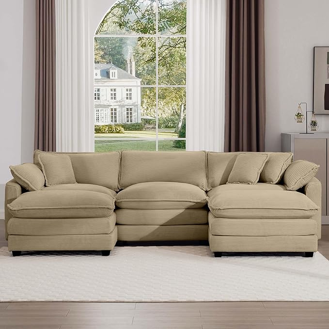 KEIKI 115" U-Shaped Oversized Corduroy Modular Sectional Sofa with 2 Ottoman, High-Density Foam Cushions, Removable Armrests, Upholstered 3-Seater Corner Couch with 5 Pillow, for Living Room, Tan