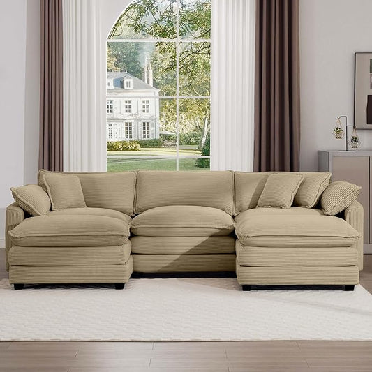 KEIKI 115" U-Shaped Oversized Corduroy Modular Sectional Sofa with 2 Ottoman, High-Density Foam Cushions, Removable Armrests, Upholstered 3-Seater Corner Couch with 5 Pillow, for Living Room, Tan