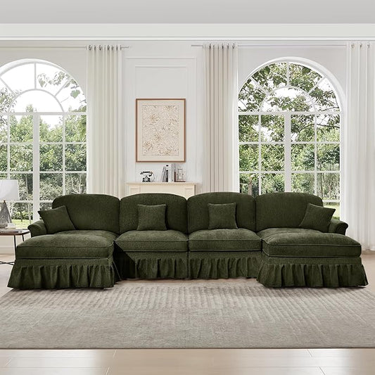 KEIKI Mid Century Modular Sofa with Flared Arms and Skirted Design, 137“ Oversized 4-Seater with 2 Ottomans Luxury Chenille U-Shaped Sectional Couches for Living Room, Chaise Lounge Indoor, Green