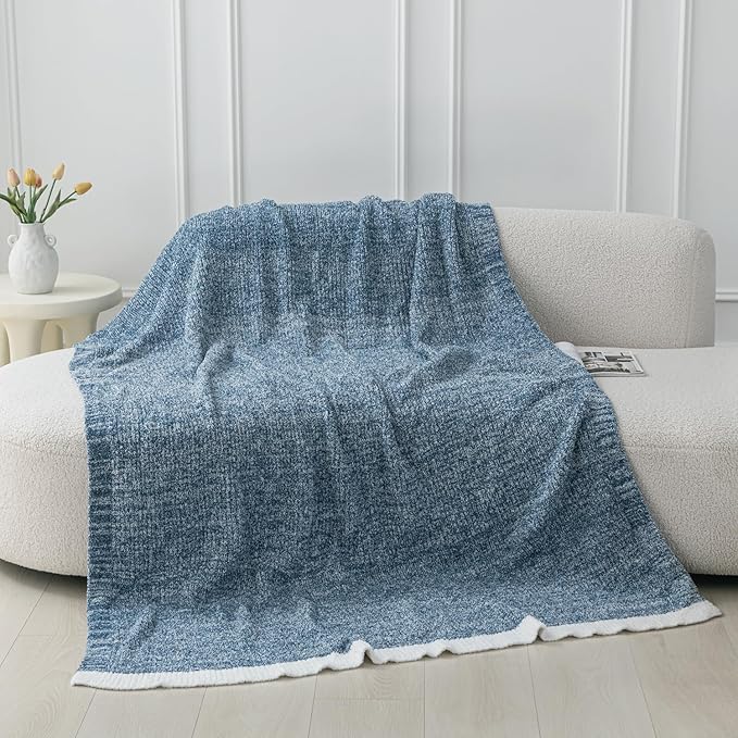 MH MYLUNE HOME Ultra Soft Ribbed Throw Blanket for Couch 60x80 Inches Luxurious Super Cozy Fluffy Microfiber Blanket Plush Warm Reversible Throw Blankets for Sofa Bed - Blue 60 x 80 Inches