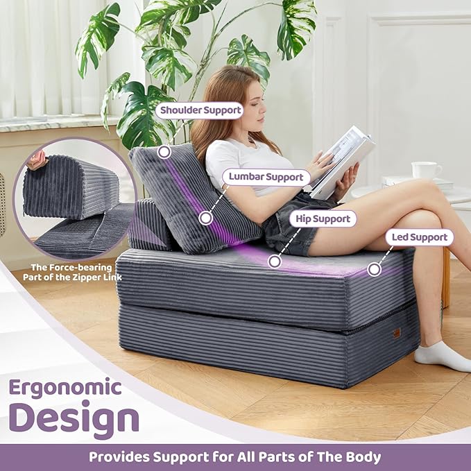 Folding Chair Bed, Convertible Sofa Bed with Pillows,Fold Out Chair Bed with High-Density Foam,Chair Bed Sleeper for Adults Perfect for Living Room 、Hotel 、Apartment ， Single, Dark Gray