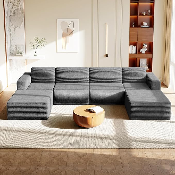 Vesgantti 159" Large Modular Sectional Sofa, U-Shaped Corduroy Cloud Couch with Deep Seats & Spring Support, 4-Seater Boneless Sofa with 2 Movable Ottomans, No Assembly Needed, Grey