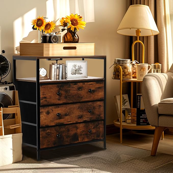 3 Drawers Dresser with Charging Station, 24 Inch Wide LED Night Stand Set 2 with Adjustable Fabric Drawer, Nightstand with Storage Shelf for Living Room/Bedroom/Office, Rustic Brown. - Image 7