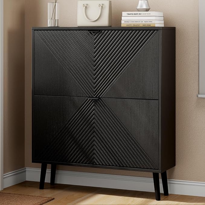 oakvivo Shoe Cabinet Storage, Farmhouse Freestanding Organizer with 2 Flip Drawers and 4 Wooden feet, Narrow Shoe Rack Cabinet for Entryway, Foyer, Hallway, Black by OAKVIVOElegantLifestyle