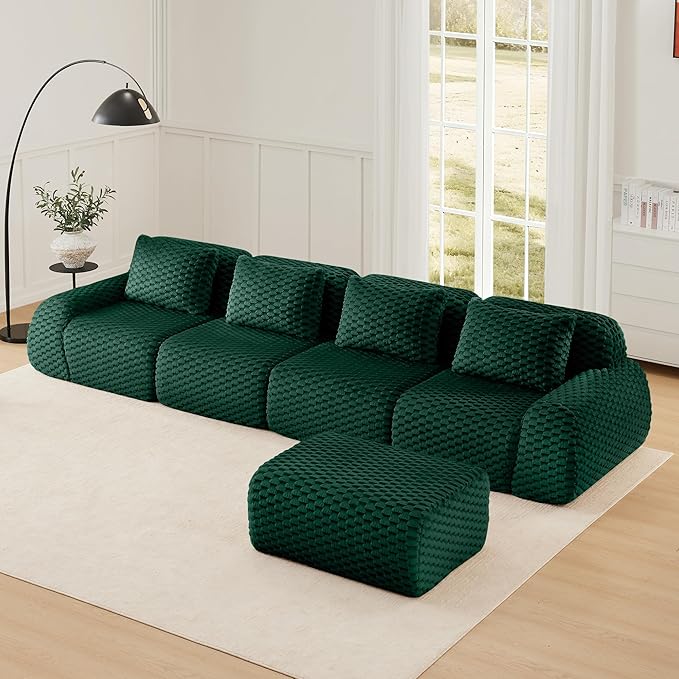 146" L-Shaped Compressed Sectional Cloud Sofa, Flannel Upholstered Modular Deep Seat Sofa with 5 Pieces, Modern Floor Boneless Foam Modular Cloud Couches for Living Room