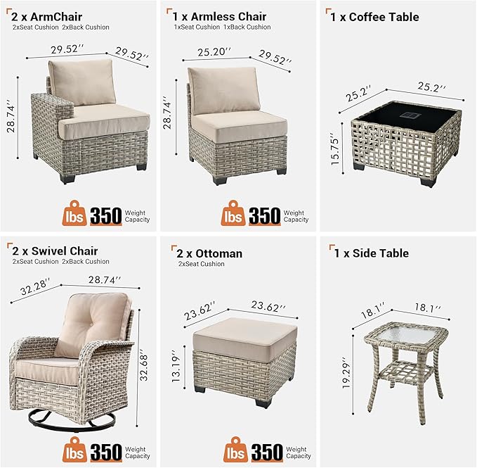ovios 9 Piece Patio Sectional Furniture with Swivel Rocking Chairs, Rattan Wicker Coversation Set with Glowing Coffee Table, Outdoor Sofa Set for Outside Porch Balcony Backyard Pool, Beige