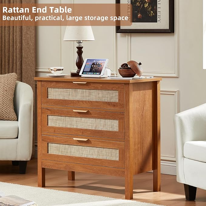 LEYAOYAO 31.5" Wide Rattan Nightstands Set of 2 with Charger Station, Large Boho 3 Drawer Night Stand, Teac Brown Bedside Table with Storage, Bed Side End Tables for Bedroom, Living Room, Hallway - Image 7