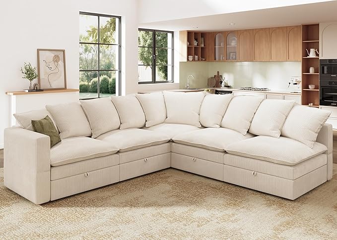 HONBAY Modular Sectional Sofa, 5 Seaters Corduroy Sectional Couch, L Shaped Sofa with Storage & Adjustable Backrest, Beige